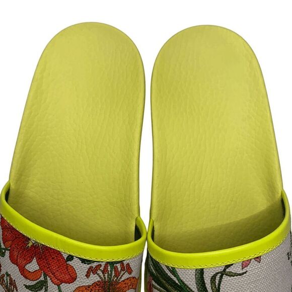 Gucci Canvas Flora Print Slide Sandal EU 36.5 US 6.5 Fluorescent Neon Yellow - Picture 4 of 10